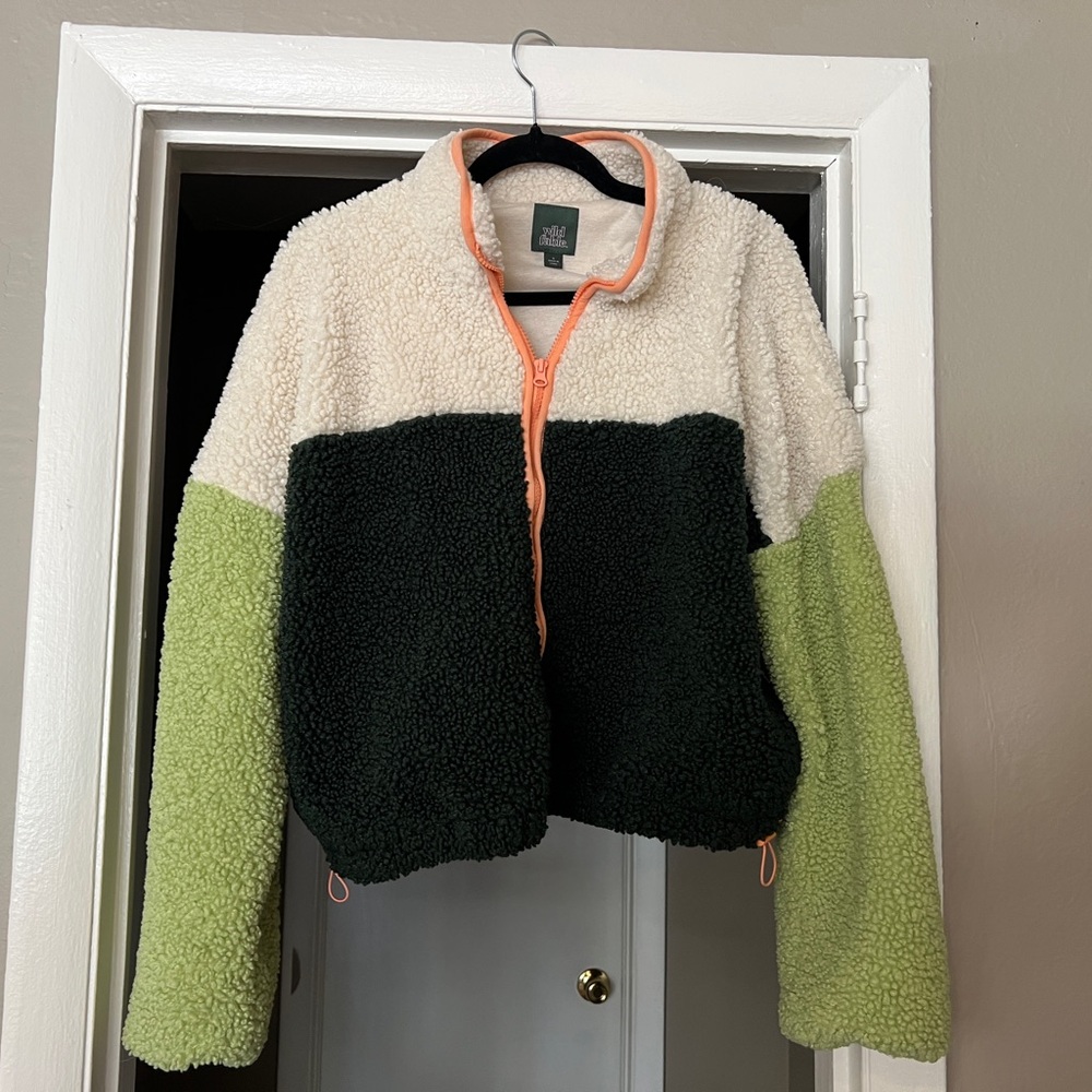 Wild Fable Multicolor Teddy Jacket - Cream, Green, Dark Green